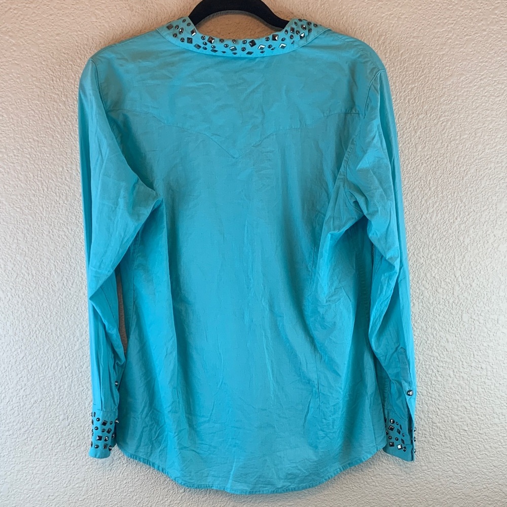 Ariat blue women’s collared shirt sz L studs western country coastal cowgirl - Picture 6 of 9